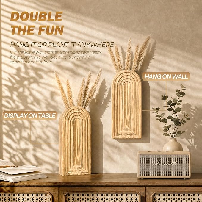 EOSAHR Wall Vase: Wall Planter for Indoor Plants & Fake Flowers, WarmYellow | 2Pcs, Pine Wood, Hanging Vase, Wall Art for Living Room, Boho Decor, Suitable for Eucalyptus Plant & Artificial Flower