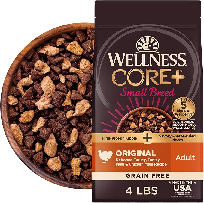 Wellness CORE+ Small Breed Adult Dry Dog Food with Freeze Dried Pieces, Grain Free Kibble+, Natural, High Protein, Turkey and Chicken Recipe, 4 lb Bag