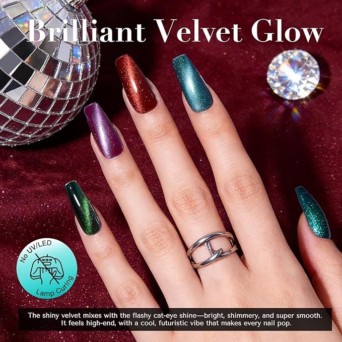 AZUREBEAUTY Cat Eye Magnetic Nail Polish Set, Quick Dry Non-Gel Holographic Fingernail Mooncat Polish with Top Coat, 4 Colors (Red, Purple, Green, Teal), DIY Salon at Home Manicure for Women