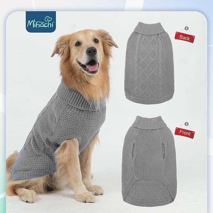 Mihachi Turtleneck Dog Sweater - Winter Coat Apparel Classic Cable Knit Clothes with Leash Hole for Cold Weather, Ideal Gift for Pet in New Year Grey M
