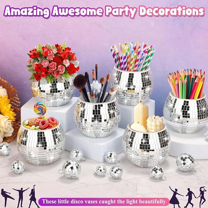 16 Pcs Disco Ball Vase Sets, 6 Pcs Disco Ball Vase Disco Ball Flower Vase & 10 Pcs Disco Balls with 3 Sizes, 3" X 4" Disco Ball Planter Candle for Wedding, Birthday, Party