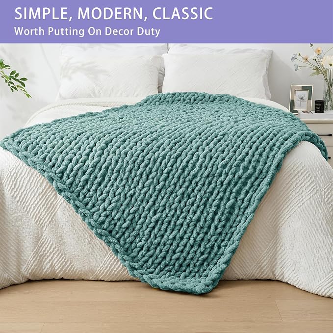 Bigacogo Chunky Knit Throw Blanket for Couch, 40x60 inches, Light Teal | Hand Knit with Jumbo Chenille, Soft Breathable Cable Knit for Sofa Bed Living Room, Machine Washable, Gift for Mom Friend