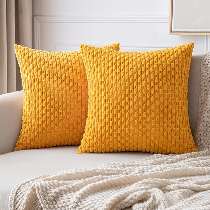 MIULEE Decorative Throw Pillow Covers 18x18 Golden Yellow Textured Corduroy | Pack of 2 Striped Pillow Covers Modern Farmhouse Home Decor for Couch Bed Sofa Living Room