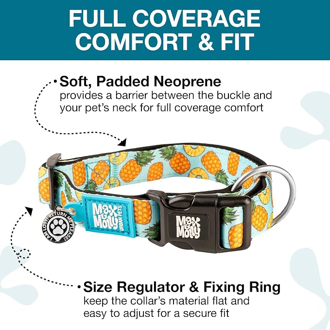 Max & Molly Urban Pets Fashion Smart ID Dog Collar, Anti-Fade, Adjustable Sizing w/Pet Profile Smart ID QR-Tag, Waterproof & Machine Washable, Sweet Pineapple Design Large (Neck Size 15-25")
