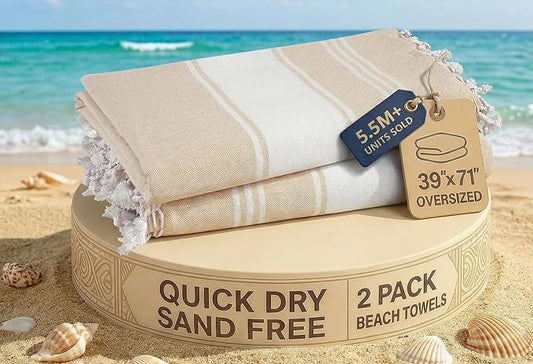 LANE LINEN Oversized Beach Towels, 2 Pack Turkish Towel Set for Adults, Lightweight, Quick Dry, Absorbent & Sand Proof, 39"x71" Pool Towels – Beige