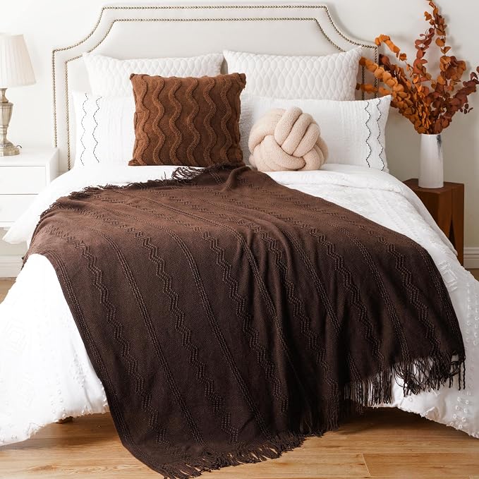 BATTILO HOME Brown Throw Blanket for Couch, 50"x60" | Chocolate Knit Throw Blanket for Home Decor, Textured Boho Throw Blanket for Sofa, Chair, Bed