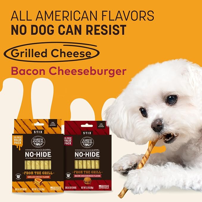 Earth Animal No Hide Stix - Rawhide Free Dog Chews 20 Count Grilled Cheese | Small Sticks Grilled Cheese Flavored Natural Rawhide Free Long Lasting Dog Chews - Treats for Small Dogs and Cats