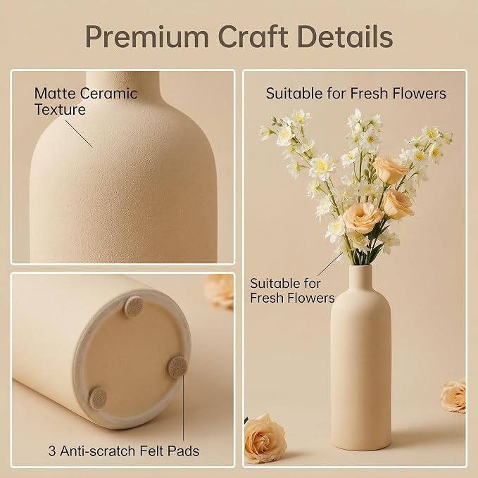 Beige Ceramic Vase Set of 4, Modern Neutral Colors Home Decor, Rustic Farmhouse Decorative Flowers Vases for Bouquet, Pampas | Table Mantel Centerpiece Bookshelf Living Room Bedroom (Beige)
