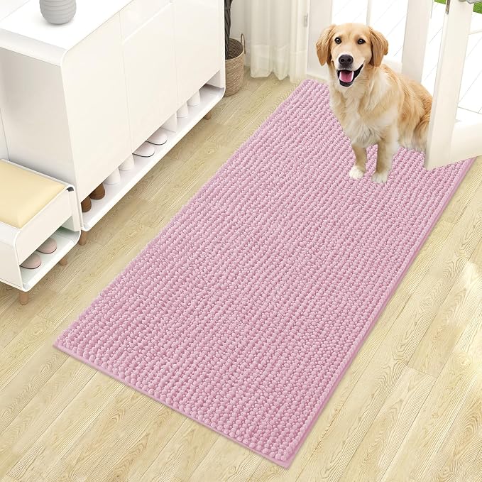 OLANLY Dog Door Mat for Muddy Paws 44x24, Extra Absorbent Chenille Mud Mat | Dusty Rose, Absorbs Moisture and Dirt, Non-Slip Machine Washable Doormat, Quick-Drying Indoor Entryway Floor Mat for Dogs
