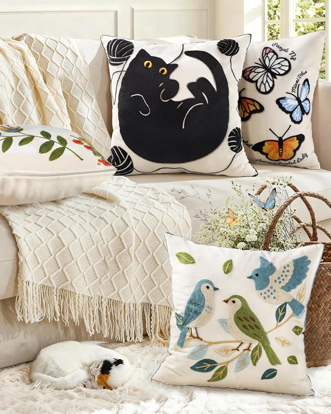 Animal Embroidered Throw Pillow Cover 18x18 Inch, Black Cat Yarn | Decorative Pillow Cover, Country Cushion Cases with Hidden Zipper, Farmhouse Decor for Couch, Sofa, Living Room, Bed
