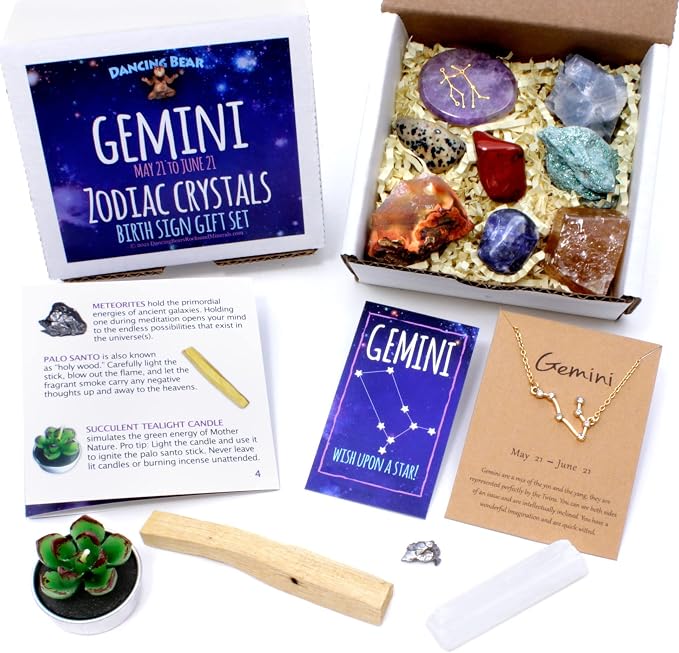 DANCING BEAR Gemini Zodiac Healing Crystals Gift Set (14 Pc): 9 Stones, 18K Gold-Plated Constellation Necklace, Meteorite, Succulent Candle, Palo Santo Smudge Stick, and Info Guide, Made in The USA