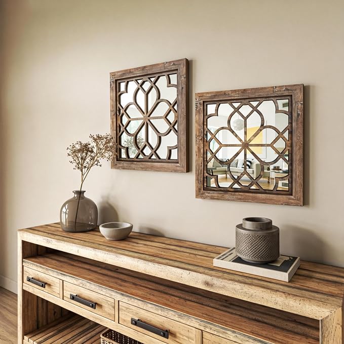 Set of 2 14 Inch Square Redbrown Window Pane Wall Mirrors, Shatterproof Rustic Farmhouse Boho Vintage Accent Mirrors for Living Room Bedroom Bathroom Entryway