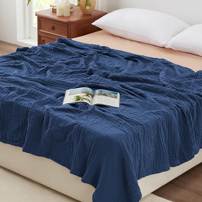 Love's cabin 100% Cotton Muslin Blanket, 6 Layer Lightweight Breathable Gauze Queen Size Blanket 90 x 90 Inches, Soft All Season Blanket for Bed, Dark Blue