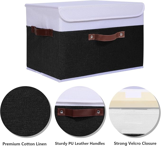 ANMINY Fabric Storage Box Bins with Lids, Black White, 15"x10"x10", 4 Pack | Keepsake Memory Storage, Cotton Linen, PP Board Reinforced, Washable, PU Handles, Foldable & Stackable, Decorative, Large