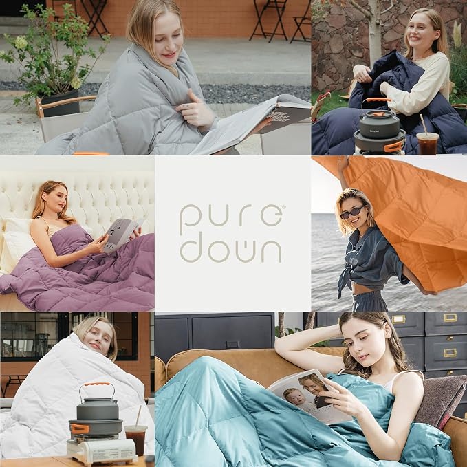 puredown® Soft Feather Down Throw Blanket Lightweight Packable Couch Throw for Indoor and Outdoor Use, Throw 50"X70", Ivory