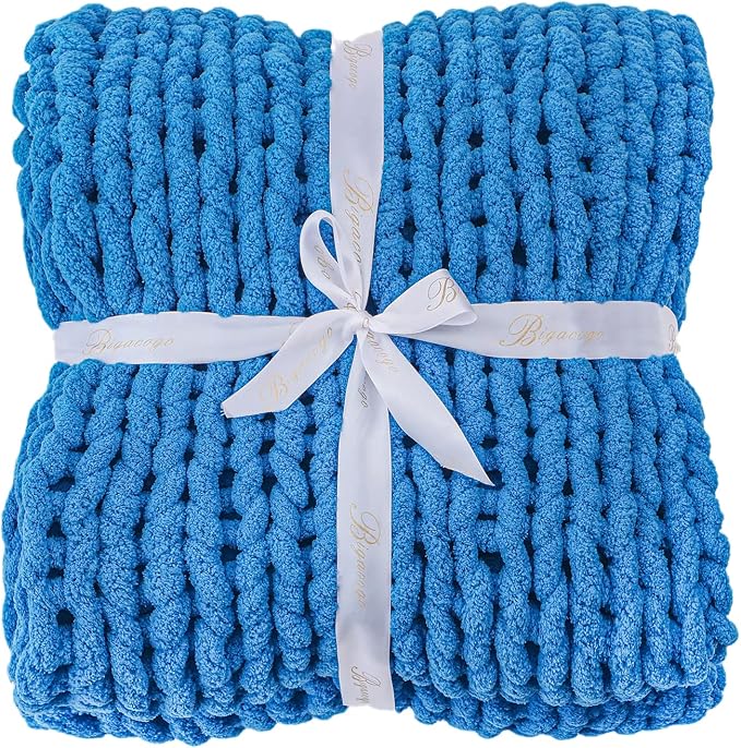 Bigacogo Chunky Knit Throw Blanket for Couch, 40x60 inches, Bright Blue | Hand Knit with Jumbo Chenille, Soft Breathable Cable Knit for Sofa Bed Living Room, Machine Washable, Gift for Mom Friend