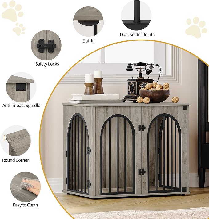 Hzuaneri 26.8'' Dog Crate Furniture, Dog Kennel Indoor for Small Dogs | Dog Kennel Furniture Wooden Dog Cage Heavy Duty Dog Crate Decorative Pet House End Side Table TV Stand,Greige Black DFC85505B