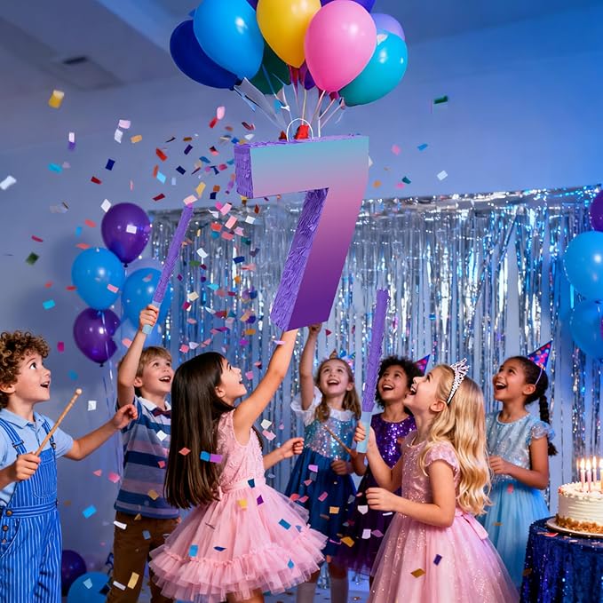 Purple Birthday Party Decorations, Purple Number 7 Pinata with Stick Blindfold Confetti for Girls Boys 7th Birthday Activity Game Gift (15.7 x 11.5 x 3 In)