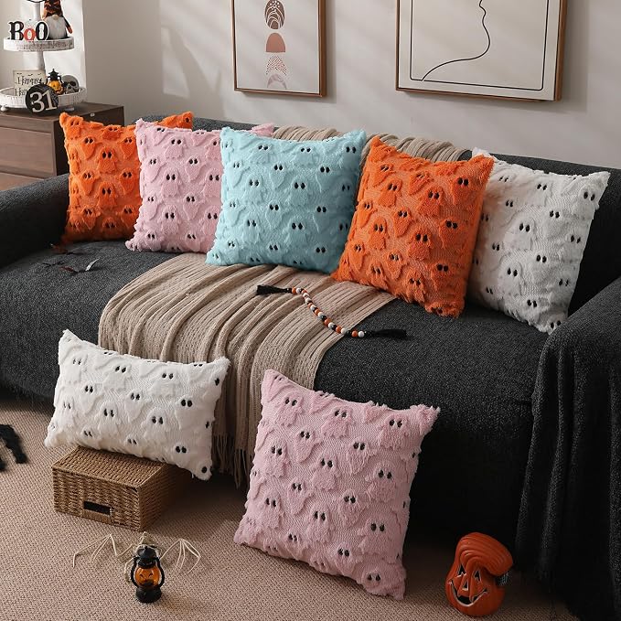 DFXSZ Halloween Pillow Covers 20x20 inch 2Pcs Blue Ghost Halloween Decor | Halloween Decorations Set of 2 Throw Pillow Cases Plush Faux Fur Wool Cushion for Chair Sofa Bedroom Living Room Home Decor