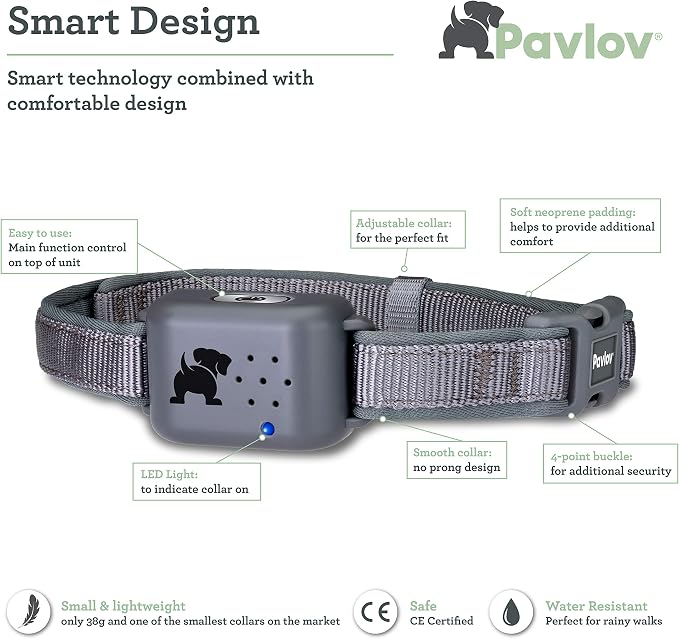 Pavlov Digital Anti Bark Collar, deterrent device to stop dogs barking, no shock only sound & vibration, safe & humane, no bark training for small medium & large dogs, water resistant and lightweight
