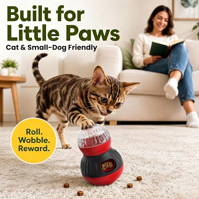 Tiny/Small Dog & Cat Treat Dispenser Wobble Ball, Red-Black