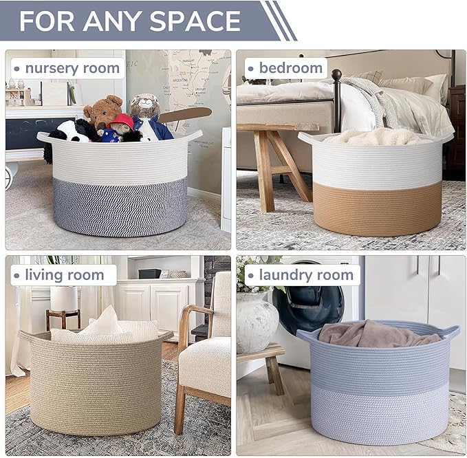 INDRESSME 115L Extra Large Woven Rope Blanket Basket Living Room Blue | 23.6" x 15.7" Storage baskets for toys laundry & pillows. Fits living room, bedroom or nursery décor. Soft-touch with handles