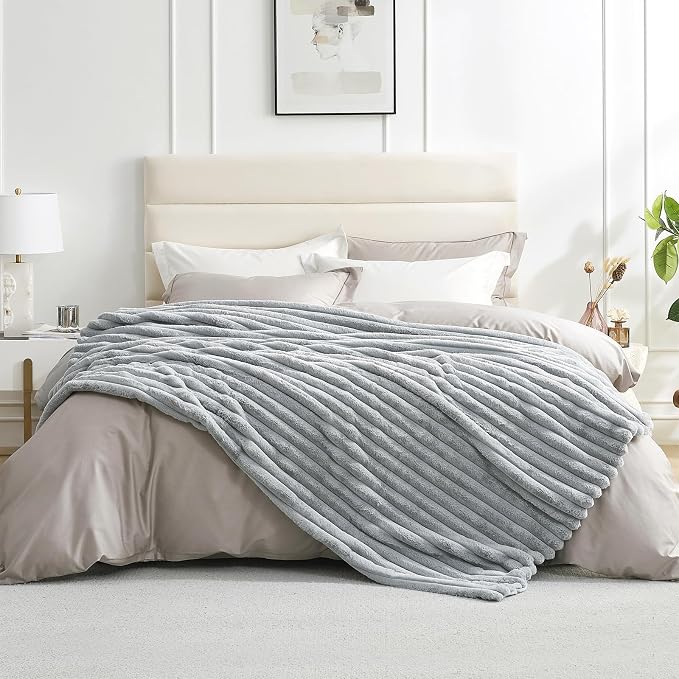 Faux Fur Throw Blanket for Couch, Cozy Fuzzy Fluffy Fur Luxurious Soft Striped Plush Gift Blankets for Family Sofa Chair, 60"x80", Light Grey
