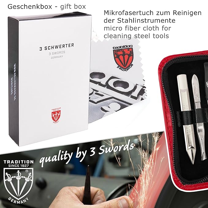 3 Swords Germany - brand quality 5 piece manicure pedicure grooming kit set for professional finger & toe nail care scissors clipper genuine leather red case in gift box, Made in Germany