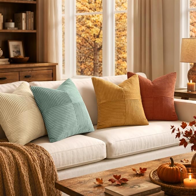 MIULEE Fall Teal Orange Decorative Throw Pillow Covers 18x18 Inch Set of 4 Boho Corduroy Striped Cushion Cases Modern Farmhouse Patchwork Pillow Cases for Couch Sofa Bedroom Home Decor