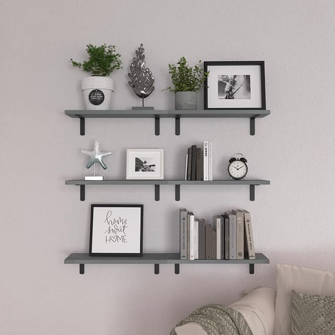 Wood Floating Shelves Set of 6, Shelves for Wall Decor, Farmhouse Shelf for Bedroom, Bathroom Storage Shelves, Book Shelves for Living Room-Grey