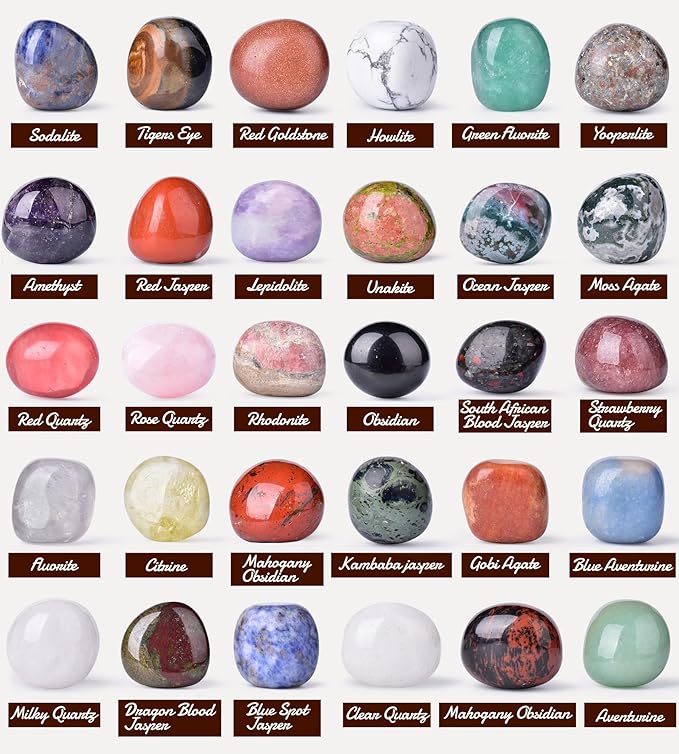 Polished Colorful Crystal Stone Set – 24 Types, 0.8" Large Tumbled Gemstones, Bulk Decorative Pretty Rocks Collection for Meditation, Reiki, Healing, Mancala Stones and Crafts