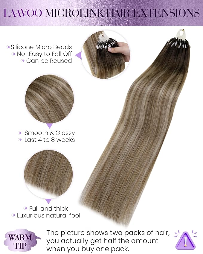 LaaVoo Microlink Hair Extensions Human Hair Balayage Micro Loop Hair Extension Human Hair Brown Fading to Ash Brown Highlight Micro Beads Extensions 14in 50g 50s