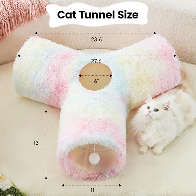 Tempcore Plush Pet Cat Tunnel Tube Cat Toys 3 Way Collapsible, Tunnels for Indoor Cats，Kitty Tunnel Bored Pet Toys Peek Hole Ball Puppy, Kitty, Kitten, Rabbit Rainbow