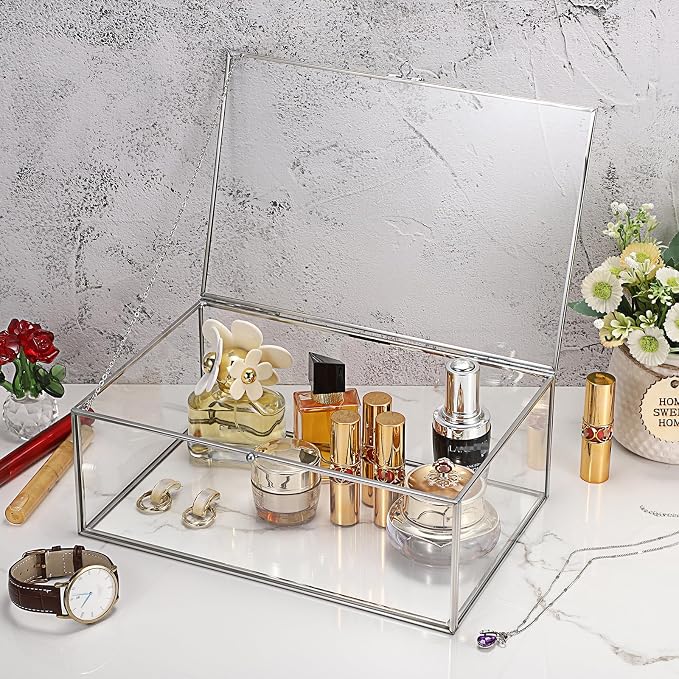Hipiwe Vintage Glass Box with Lid Clear Jewelry Display Organizer, X-Large | Rectangle Vanity Lidded Boxes Home Decor Accent Silver Decorative Glass Box for Keepsakes Trinket Perfume