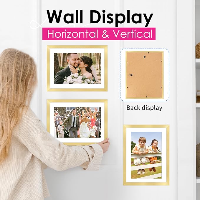 A4 Picture Frame Set of 2, Gold Photo Frame with HD Plexiglass, Display Pictures 6x8 with Mat or 8.3x11.7 Without Mat Multi Picture Frames Collage for Tabletop or Wall Display