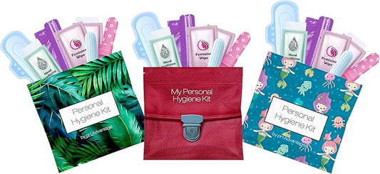 3 x Menstrual All-in-One Kits - Assorted Colors | Convenience on The Go | Single Period Kit Packs | Individually Wrapped Feminine Hygiene Products (Green Ferns/Red Purse/Under the Sea)