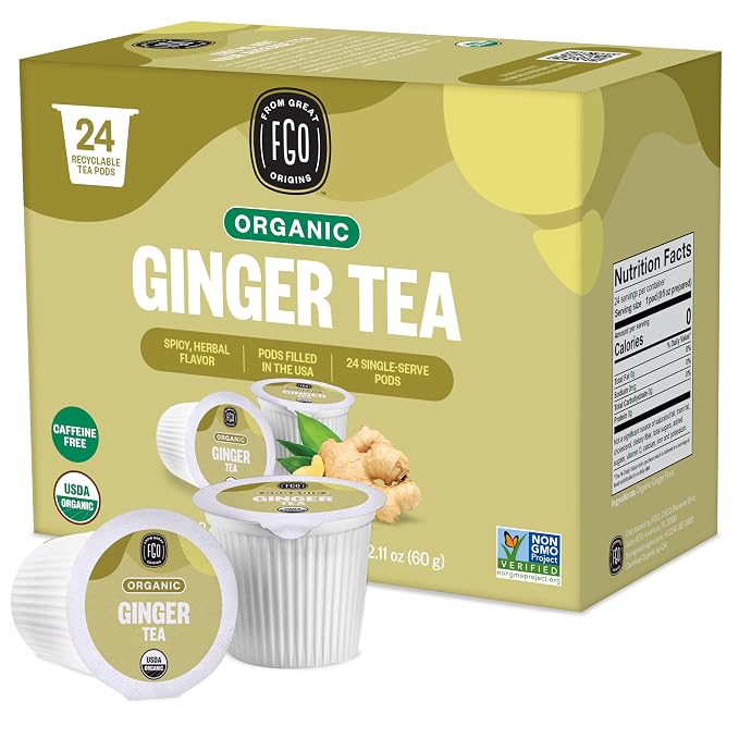 Organic Ginger Tea K-Cup Pods, 24 Pods by FGO - Compatible with Keurig - Naturally Caffeine-Free Herbal Tea, USDA Organic, Non-GMO, & Recyclable