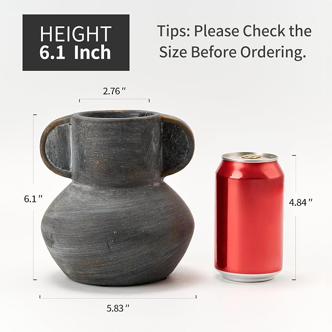 Emotionally Grounded Vase, Vaseking Ceramic Rustic Vase with 2 Handles, 6.1 inch Minimalist Decorative Farmhouse Vases for Home Decor, Living Room, Enterway, Table Decoration, Black Bronze