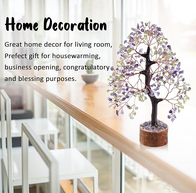 Amethyst & Peridot Crystal Tree Gemstone Tree of Life Chakra Bonsai Tree for Room, Desk & Office Decor Spiritual Gift Meditation Birthday Gift for Women Mom her Sister Housewarming Gifts Home