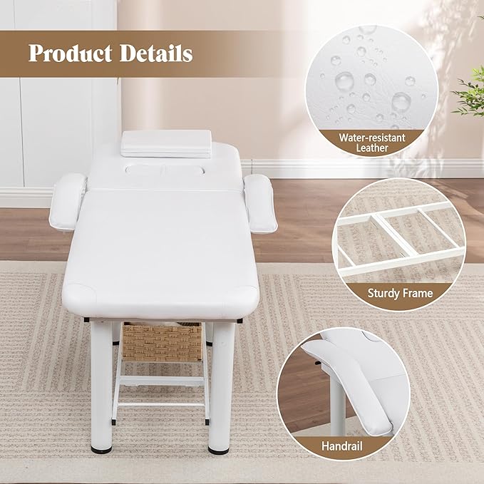 Professional Massage Bed with Armrests Stationary Adjustable Massage Table Spa Bed 73" x27” Physical Therapy Table with Memory Foam Salon Bed w/Removable Headrest White