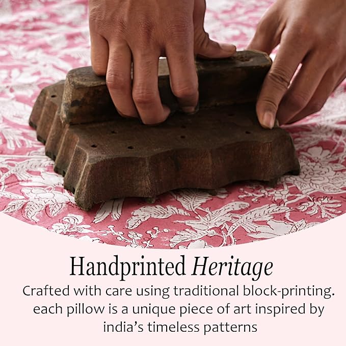 CPC Block Print Ruffle Throw Cover Pink Coral 16"x16" Inch Pack of 2-100% Cotton Ruffle Couch Decorative Boho Pillows Case for Living Room, Bedroom, Sofa, Farmhouse Gift for Spring, Mother's Day