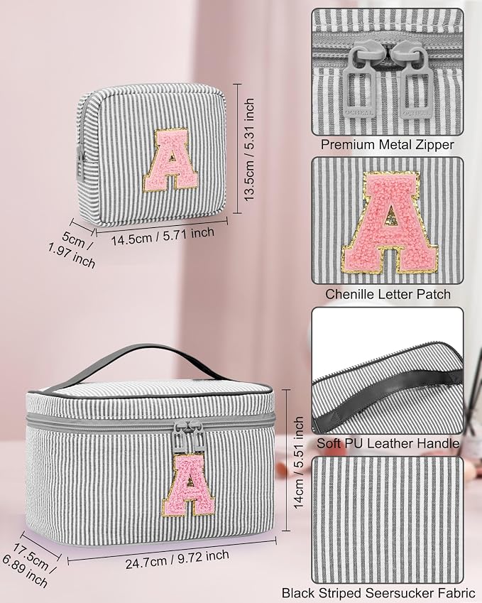 MONSTINA Travel Makeup Bag for Women,Make Up Pouch for Girlfriend Bridesmaid Wife,Birthday Gift for Her Cute Monogram Cute Initial Toiletry Bag Set,2PCS Black H