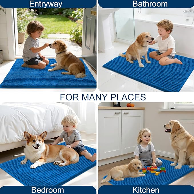 OLANLY Dog Door Mat for Muddy Paws 44x24, Ultra Absorbent Chenille Mud Doormat, Non-Slip Washable and Dirt Trapping Doormat for Indoor Entryway, Quick-Dry Indoor Pet Bed Mats for Dogs, Deep Navy Blue