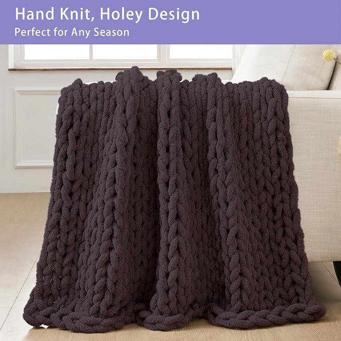 Bigacogo Chunky Knit Throw Blanket for Couch, 40x40 inches, Chocolate | Hand Knit with Jumbo Chenille, Soft Breathable Cable Knit for Sofa Bed Living Room, Machine Washable, Gift for Mom Friend