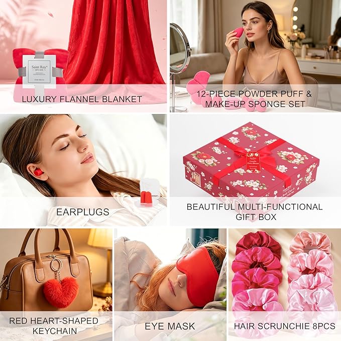 35 Pcs Valentines Day Gift for Women, Cherry Blossom Rose Bath and Body Basket Gift, Face Skin Care Kit, Home Spa Self Care, Lip Gloss, Birthday, Christmas, Mother, Bridal Shower, Anniversary