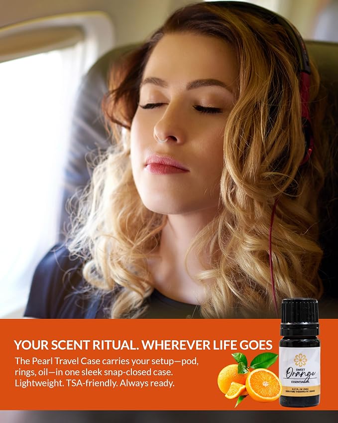 Essence Pearl Travel Case | Orange Essential Oil | Aromatherapy Nasal Diffuser & Essential Oil Carrying Case | Uplifting Citrus Scent | Travel-Friendly Kit | White Pod