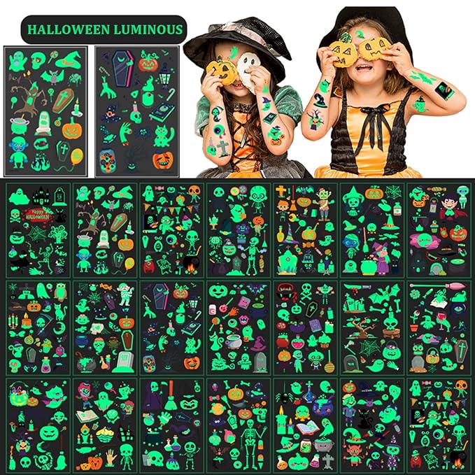 Luminous Halloween Temporary Tattoos for Kids, 360Pcs Halloween Cosplay Face Fake Tattoos, Glow In The Dark Tattoos for Adults, Holiday Party Favor Prizes Goody Bag Stuffers, Body Stickers Decorations