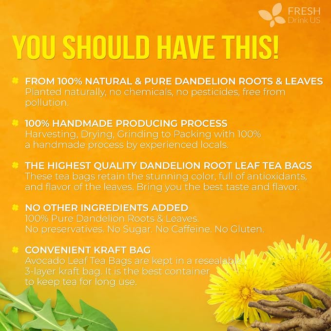 FreshDrinkUS, Premium 75 Dandelion Leaves and Roots Tea Bags, 100% Natural & Pure, Herbal Tea, Daily Infusion Botanical, No Sugar, No Caffeine, No Gluten, Vegan. Powerful Support.