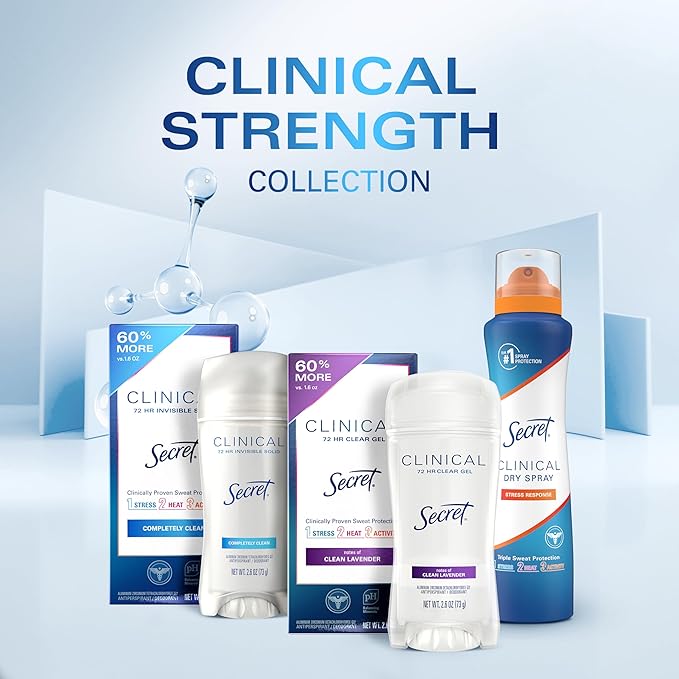 Secret Clinical Strength Antiperspirant Deodorant for Women, 3X Stress Protection, 72hr Sweat & Odor Protection, PH Balancing Minerals, Invisible Solid, Clean Lavender Scent, 2.6 oz