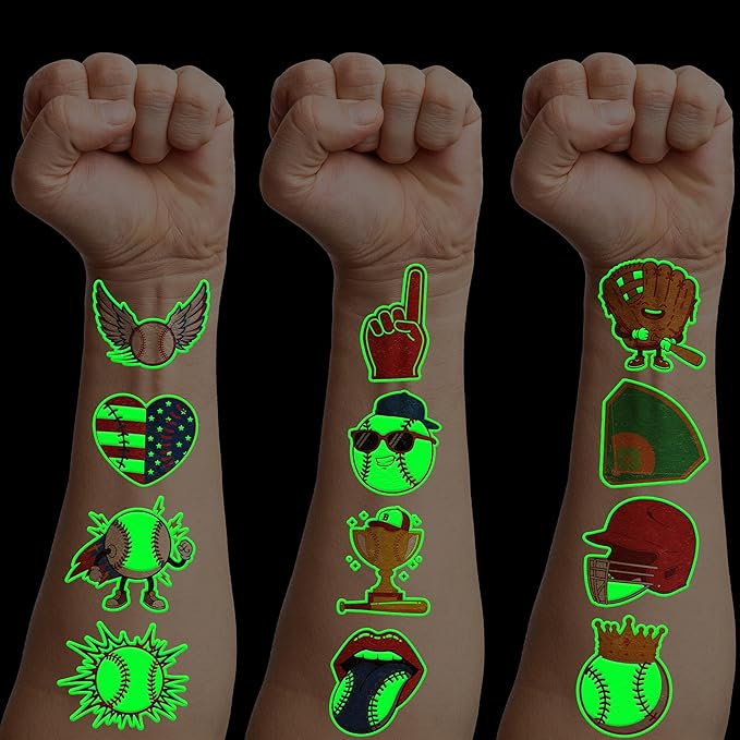 96 PCS Baseball Sports Pre-Cut Luminous Glow in the dark Temporary Tattoos for Kids | Super Cute Baseball Themed Birthday Party Favors, Supplies, Decorations, Fake Tattoo Stickers Gifts for Boys Girls